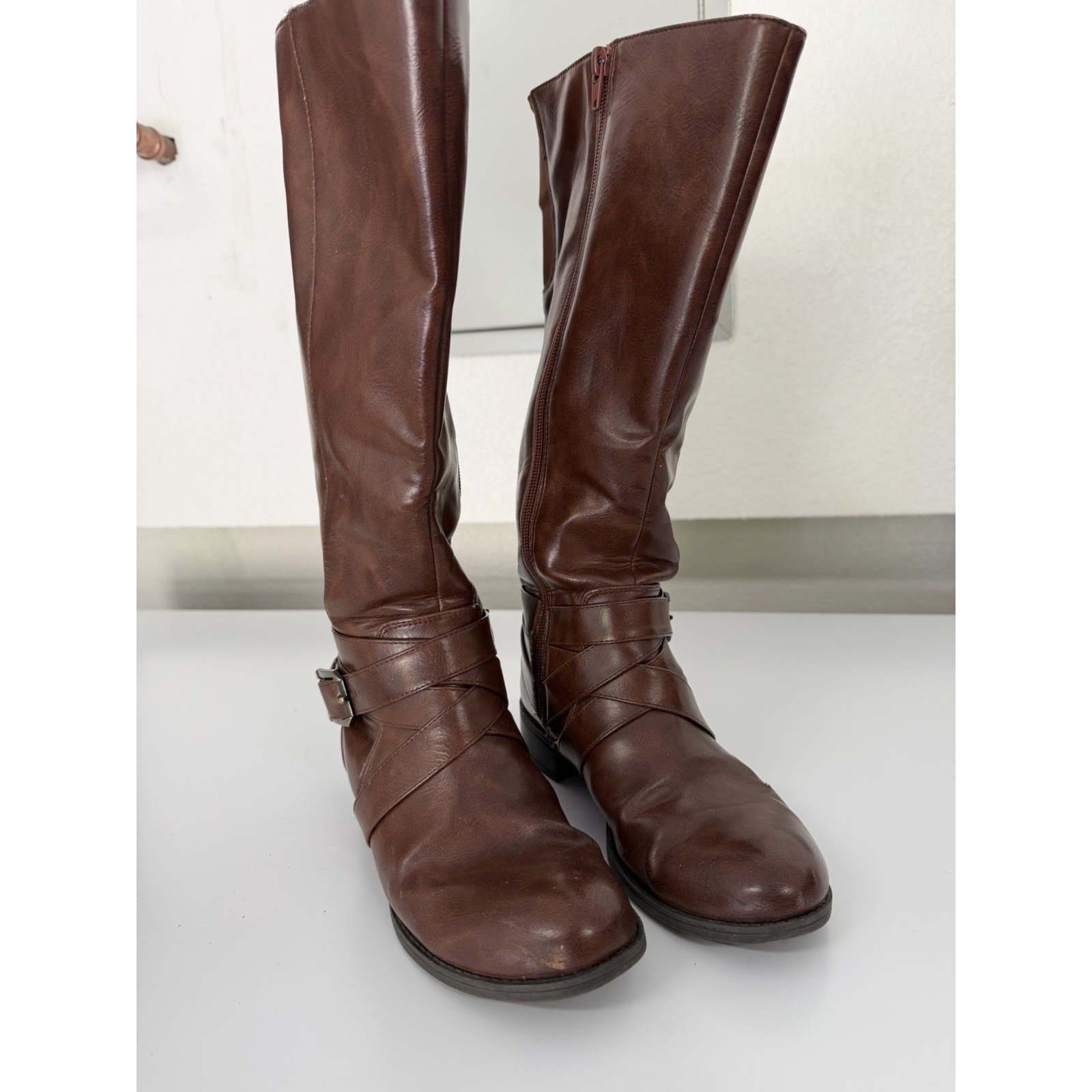 Lifestride Bellevue Simply Comfort Brown Knee High Riding Boots Wide Buckle